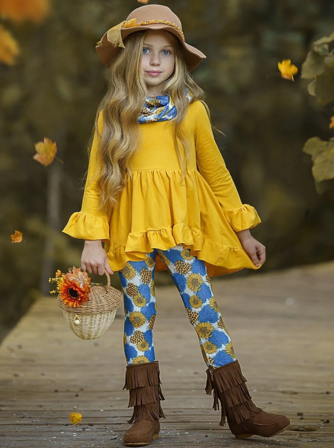 Hearts of Blue Ruffle Tunic, Floral Leggings And Scarf Set