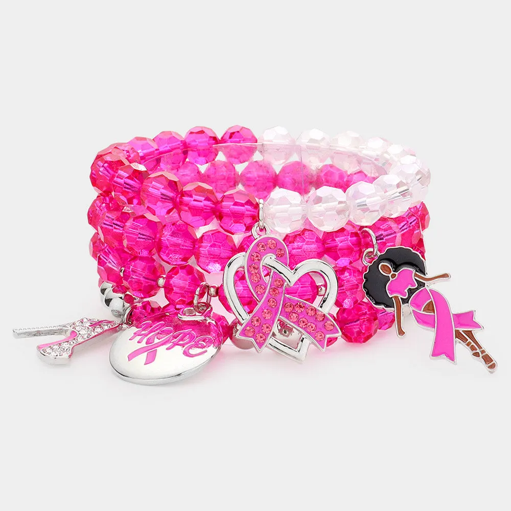 iLLASPARKZ 4PCS - Pink Ribbon Stiletto Heel Hope Message Afro Girl Charm Faceted Beaded Stretch Bracelets