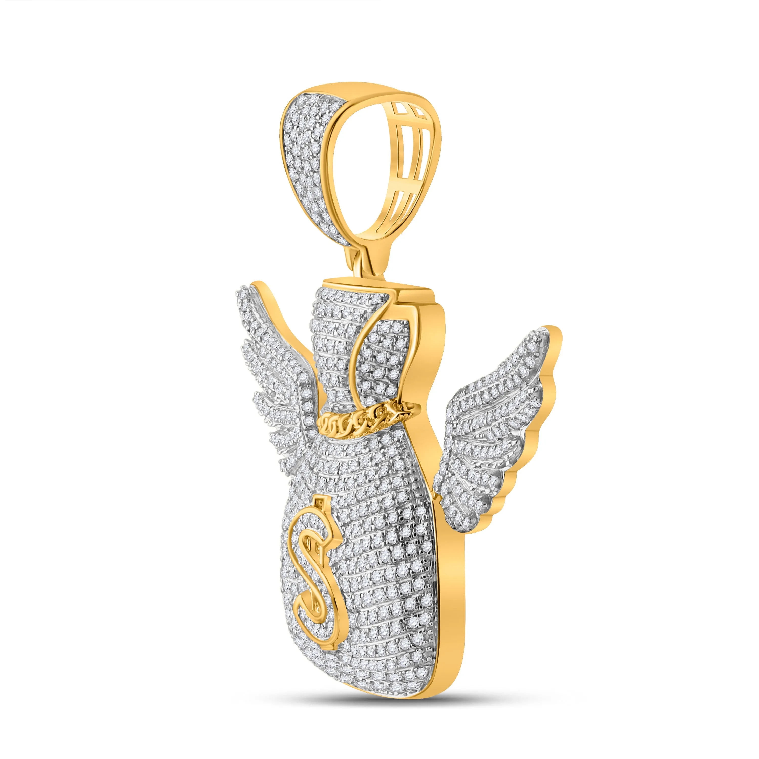 Keene Jewelers 10kt Yellow Gold Mens Round Diamond Money Bag Wings Charm Pendant 1-1/2 Cttw