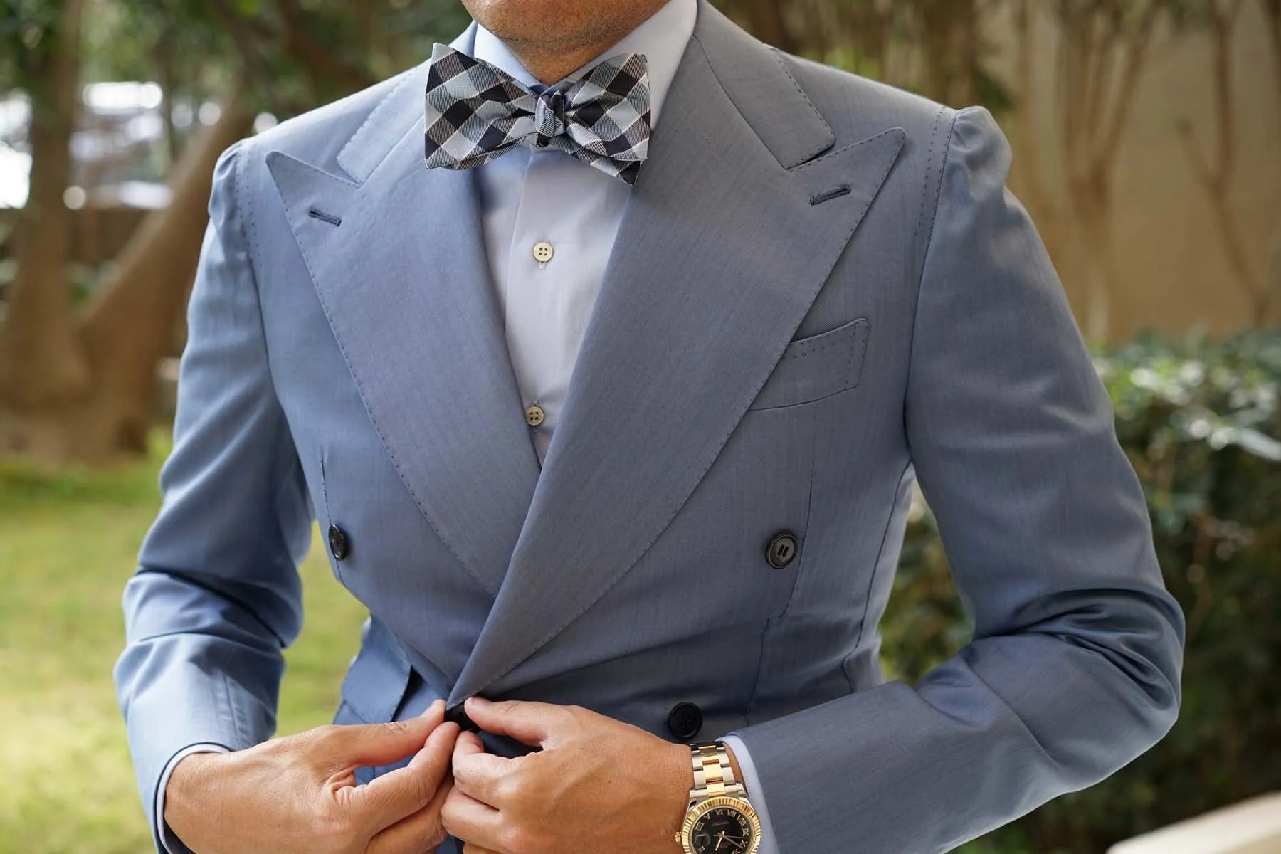 Light and Navy Blue Checkered Bow Tie Untied