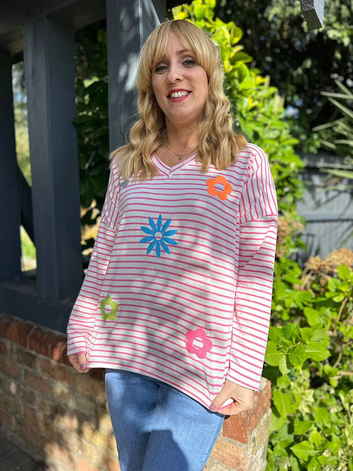 Lipstick Pink Striped Glitter Pattern Top Joanna