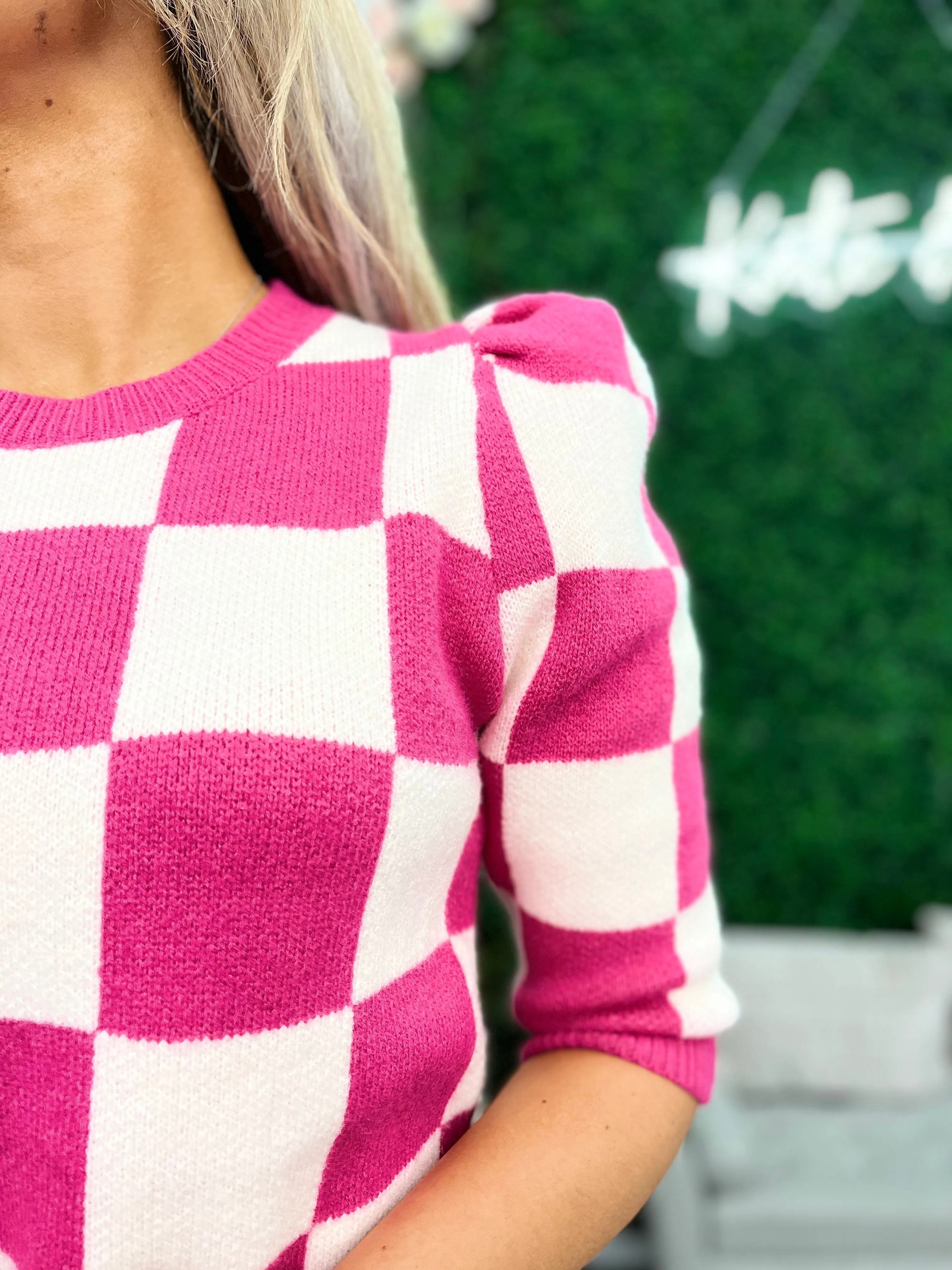 Making Moves Pink Checkered Puff Sleeve Sweater