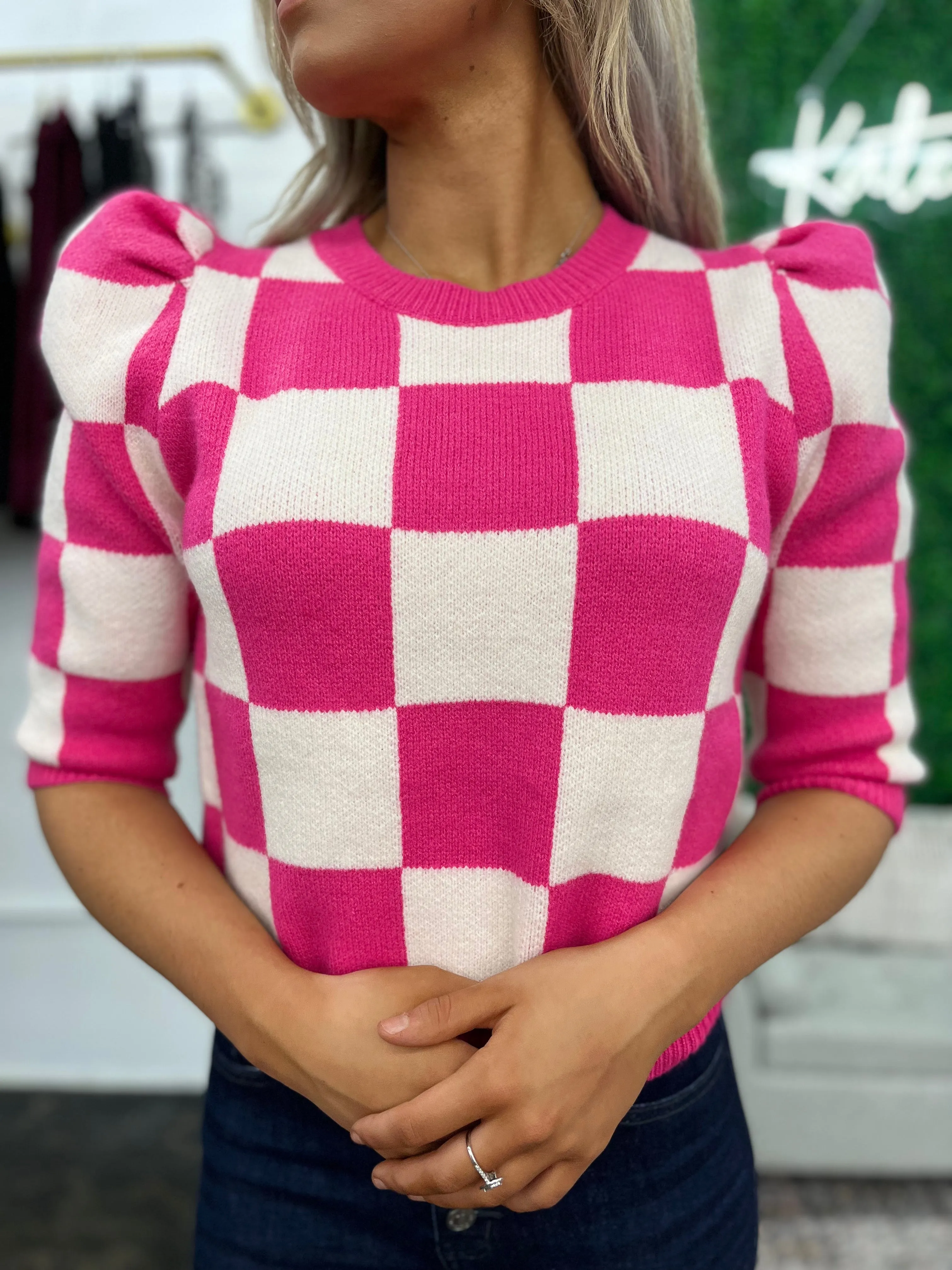 Making Moves Pink Checkered Puff Sleeve Sweater