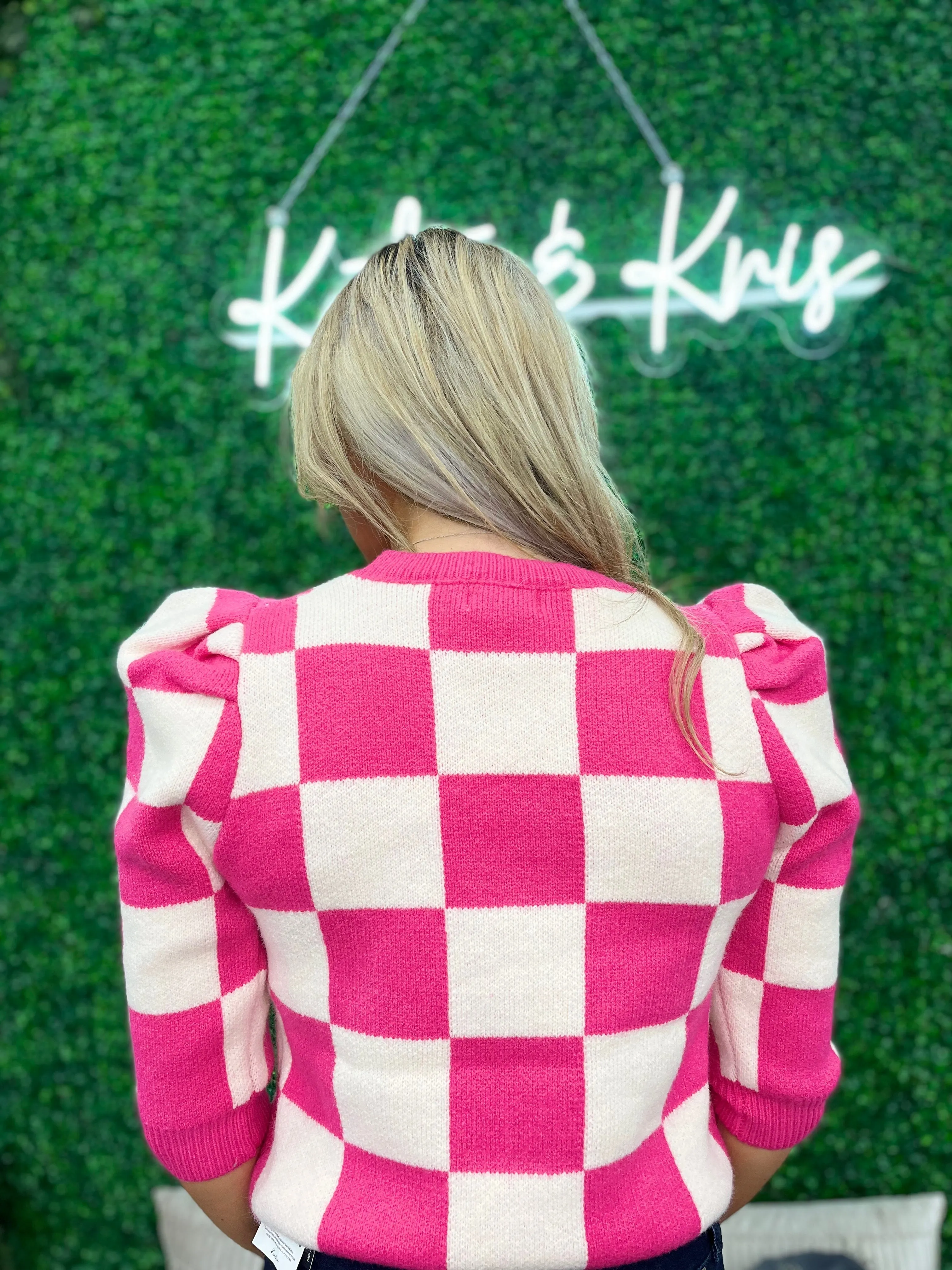 Making Moves Pink Checkered Puff Sleeve Sweater