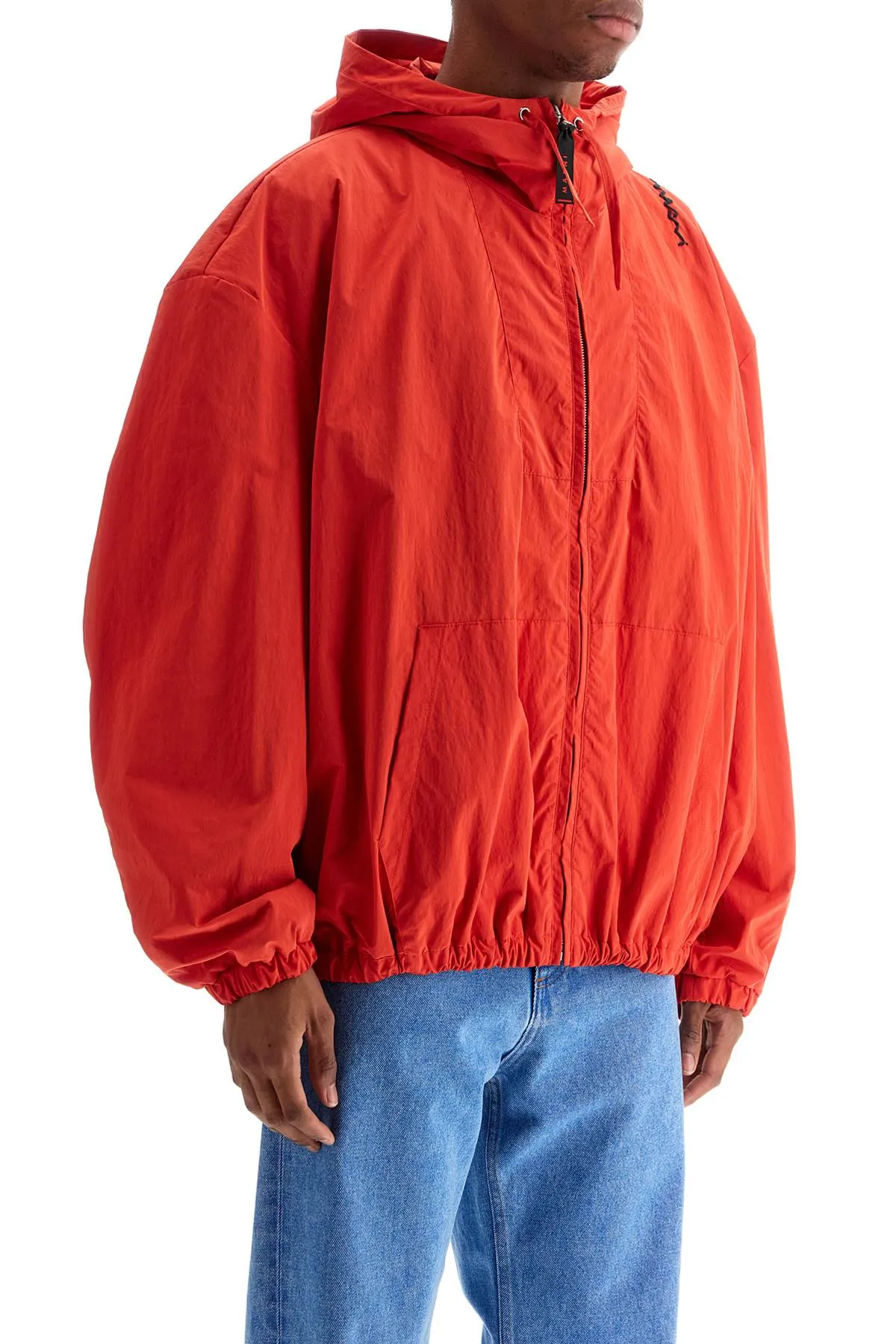 Marni Red Hooded Jacket In Polyester With Embroidered Logo