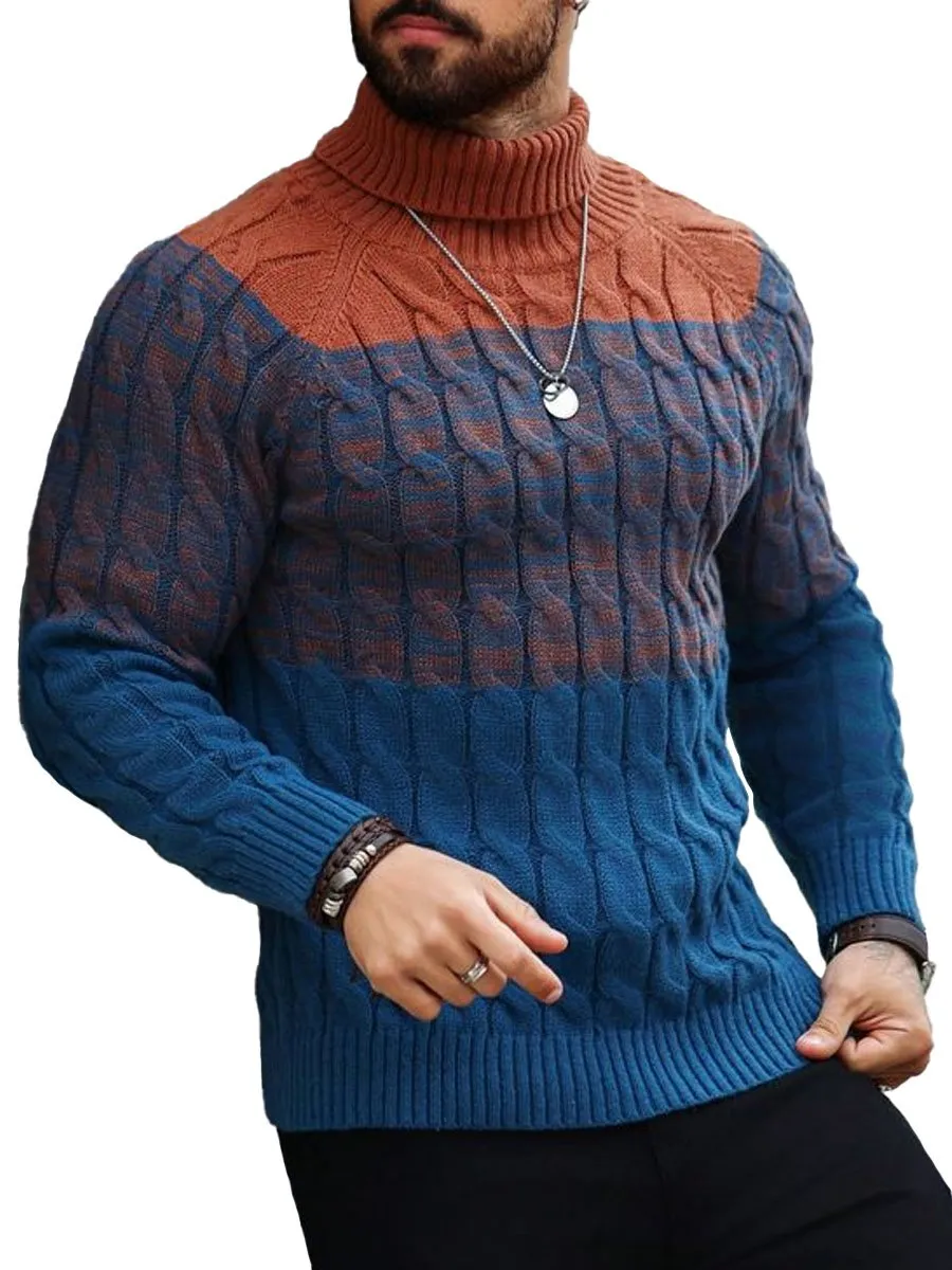 Men's Contrast Knitted Jacquard Casual High Collar Pullover Sweater