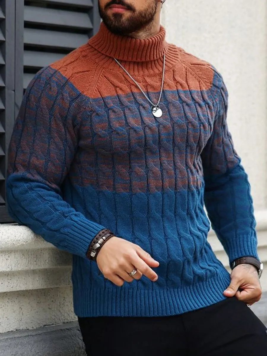 Men's Contrast Knitted Jacquard Casual High Collar Pullover Sweater