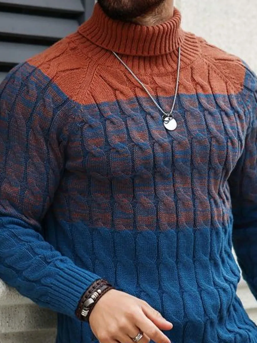 Men's Contrast Knitted Jacquard Casual High Collar Pullover Sweater