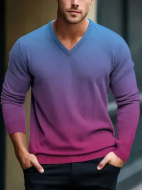 Men's Gradient Long Sleeve Knitted V-Neck Pullover Sweater