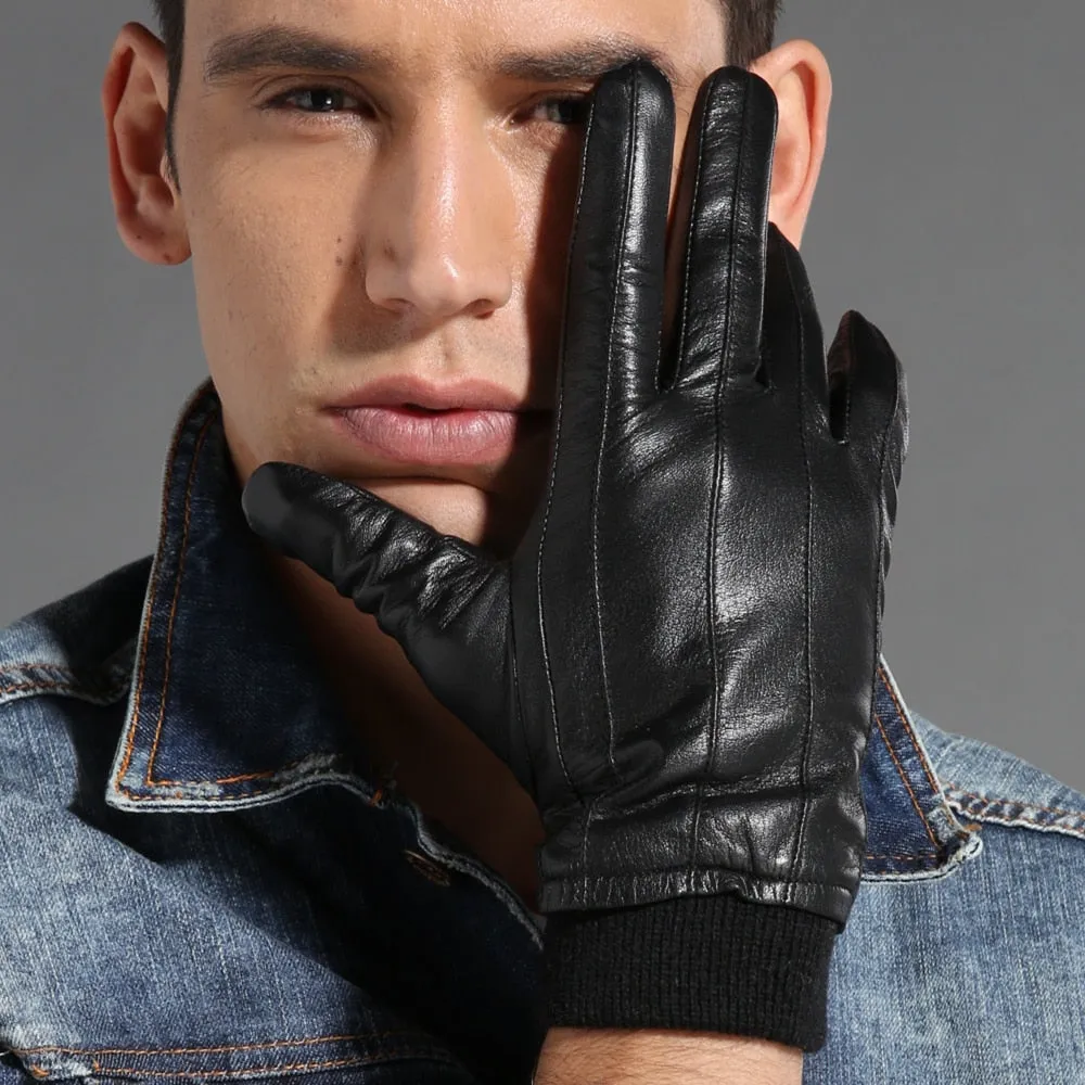 Men's Soft Driving Winter Real Leather Goatskin Fleece Lining Warm Gloves