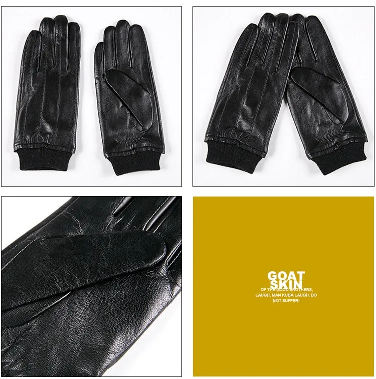 Men's Soft Driving Winter Real Leather Goatskin Fleece Lining Warm Gloves