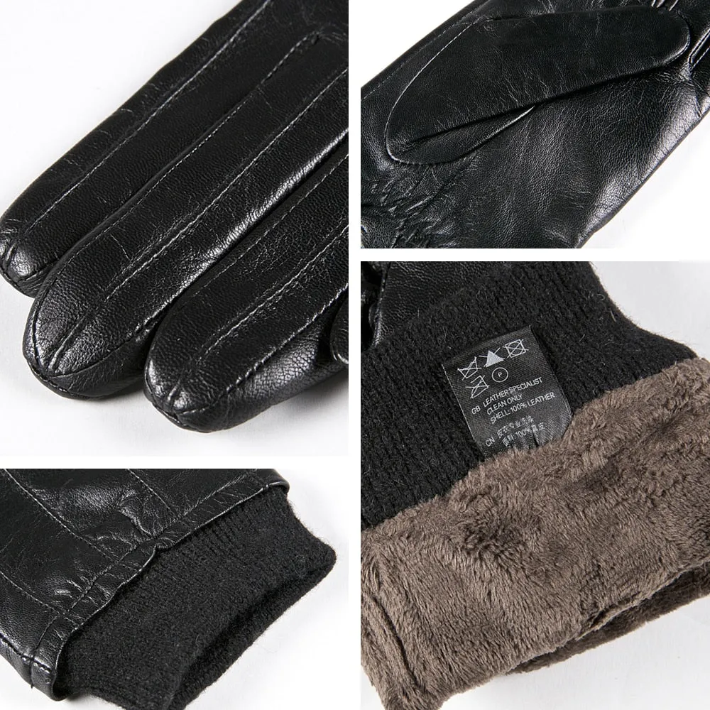 Men's Soft Driving Winter Real Leather Goatskin Fleece Lining Warm Gloves