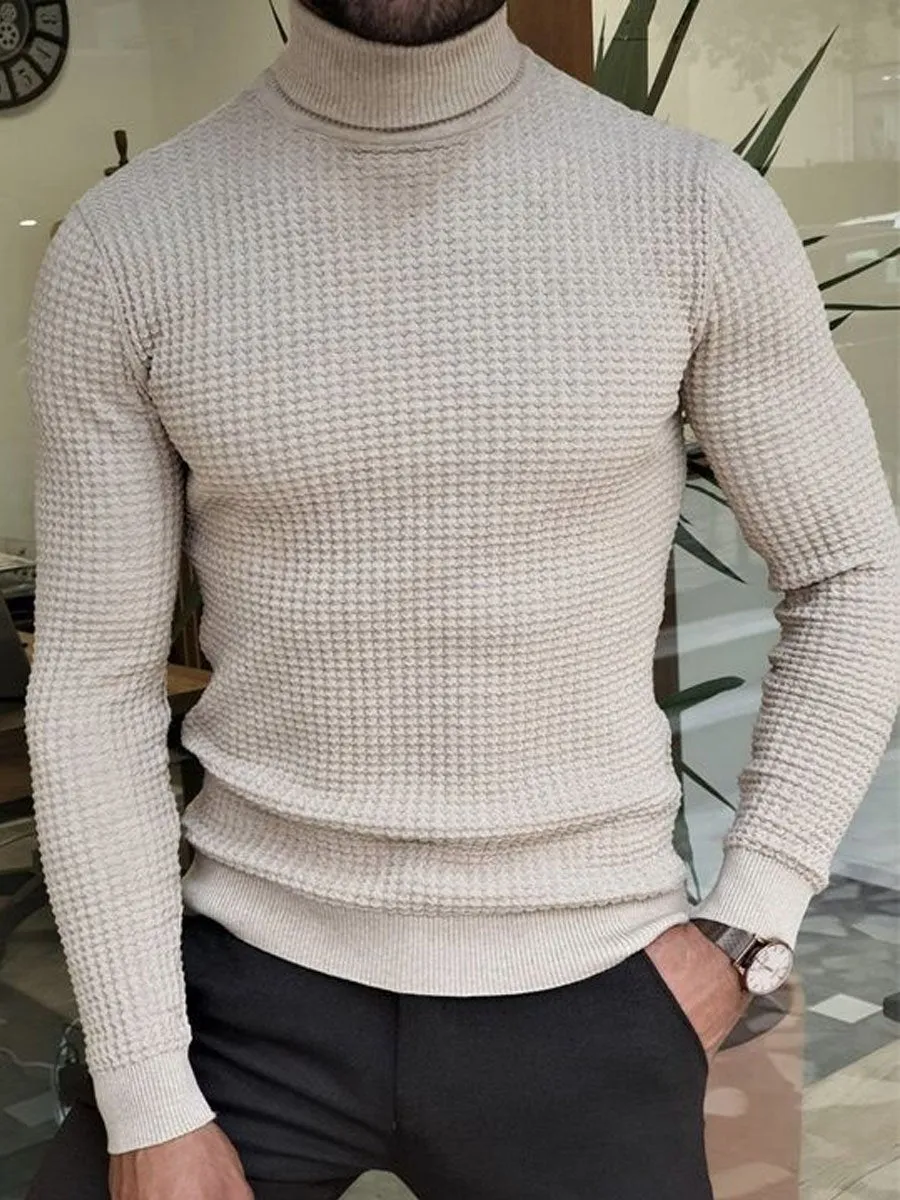 Men's solid color knitted casual high collar pullover sweater