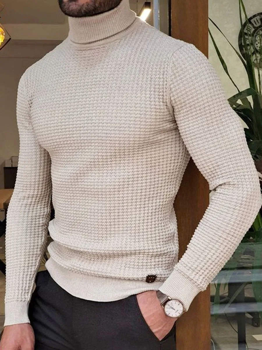 Men's solid color knitted casual high collar pullover sweater