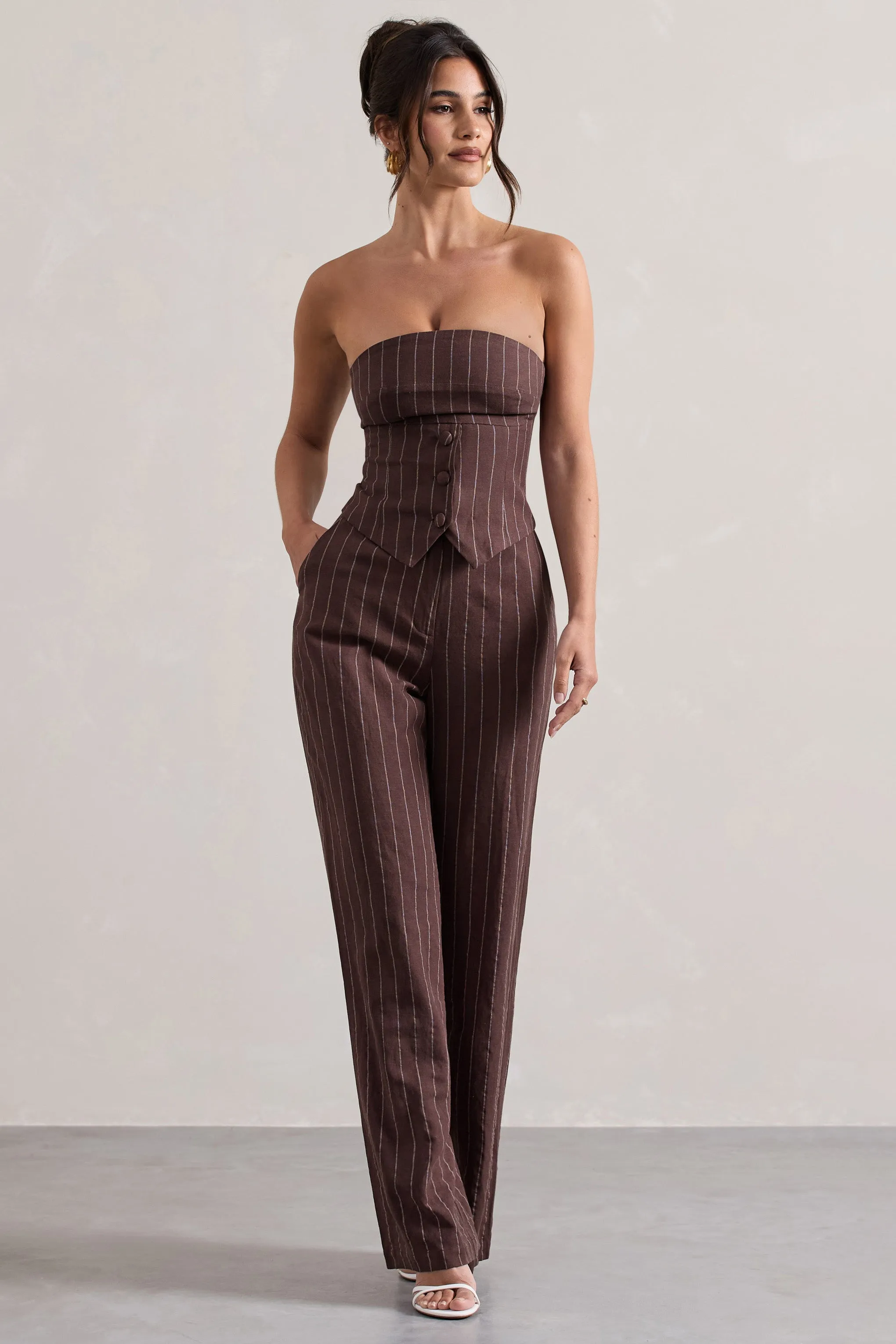 Missed Out | Chocolate Brown Pinstripe Wide-Leg Trousers