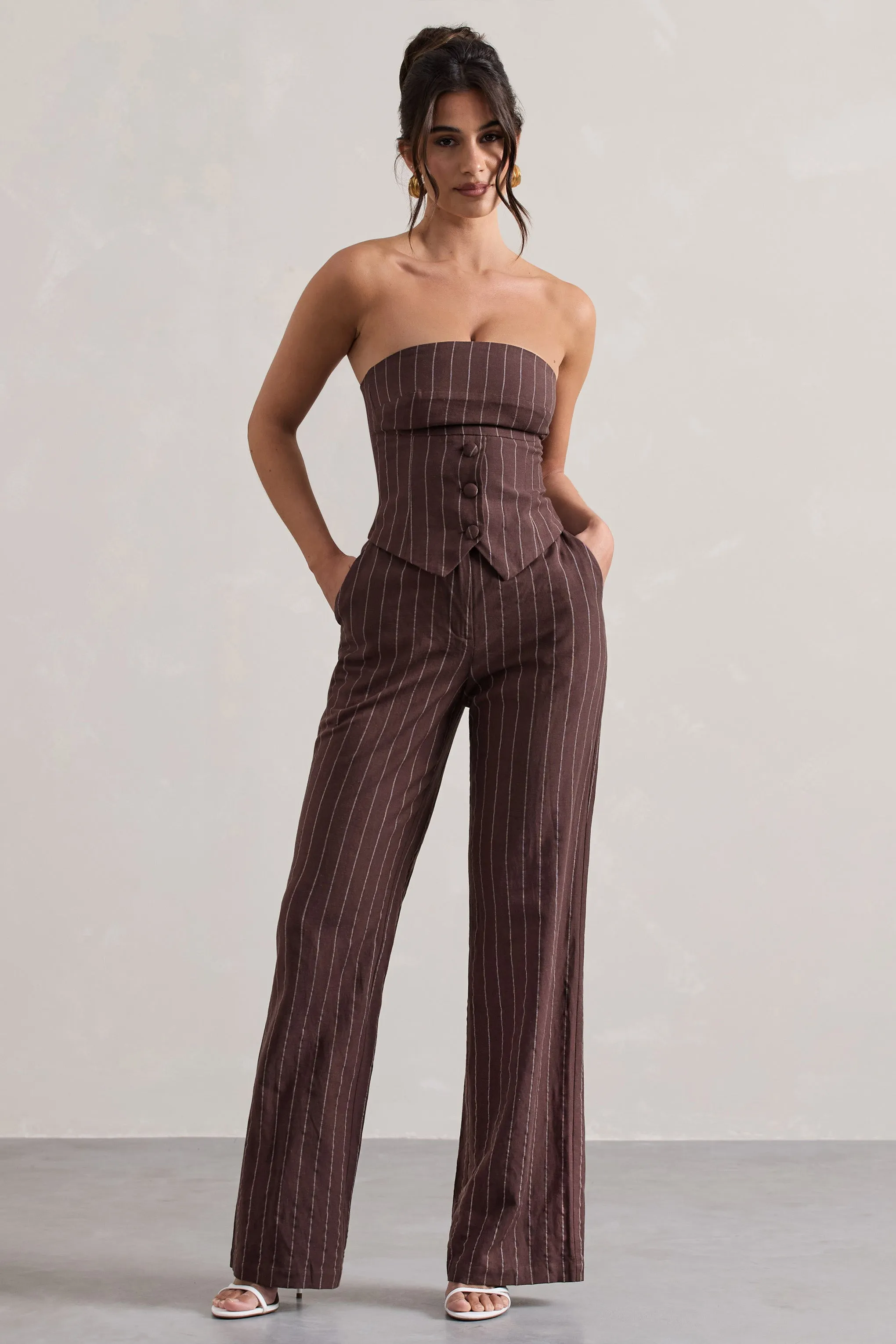 Missed Out | Chocolate Brown Pinstripe Wide-Leg Trousers