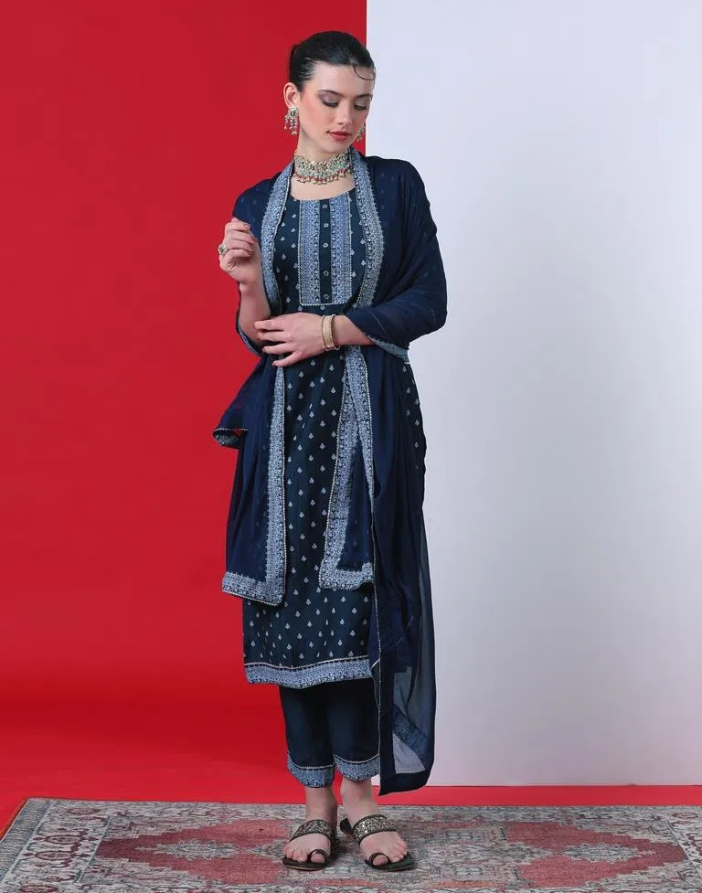 Navy Blue Printed Chinnon Straight Kurta With Pant And Dupatta