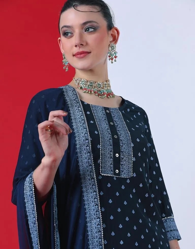 Navy Blue Printed Chinnon Straight Kurta With Pant And Dupatta