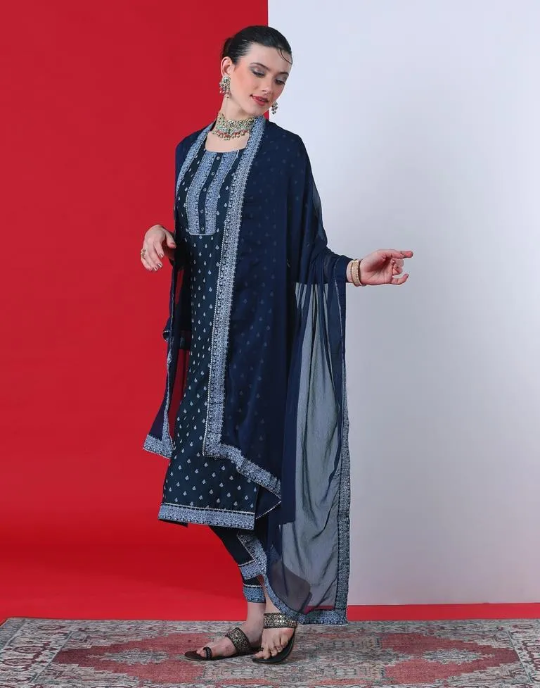 Navy Blue Printed Chinnon Straight Kurta With Pant And Dupatta