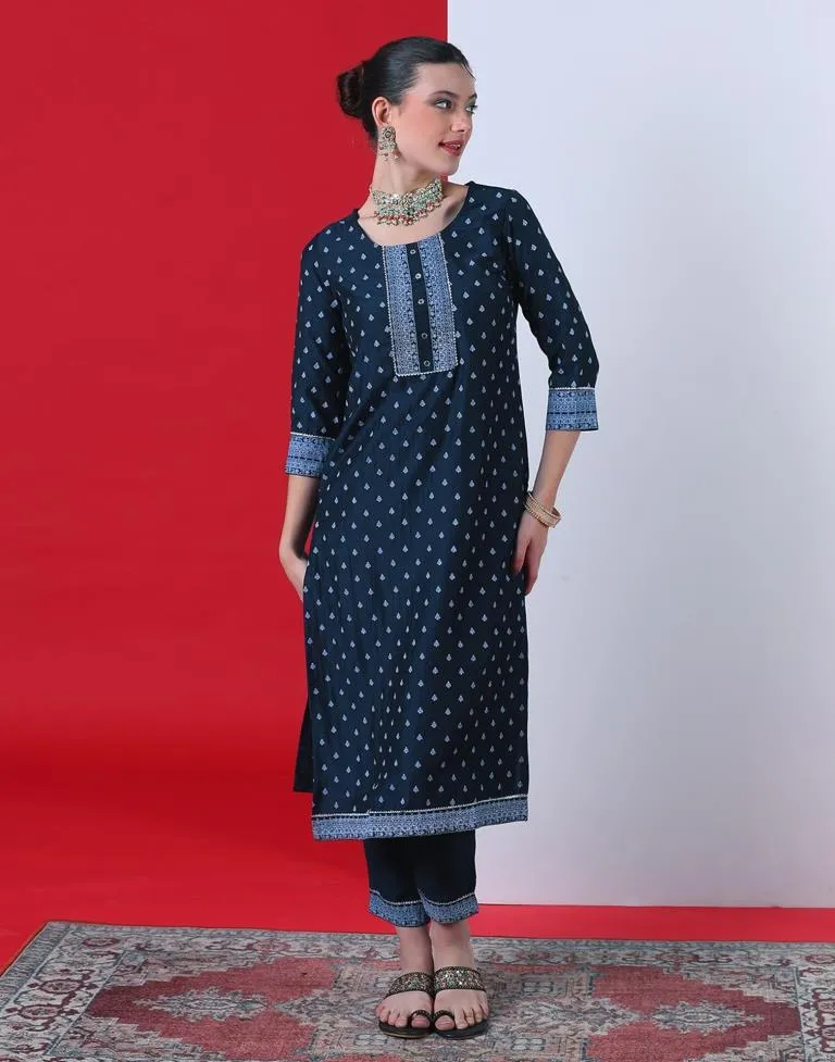 Navy Blue Printed Chinnon Straight Kurta With Pant And Dupatta