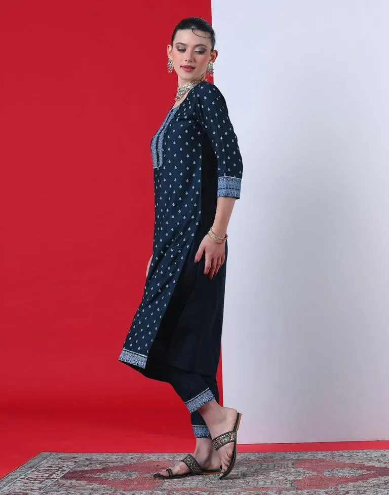 Navy Blue Printed Chinnon Straight Kurta With Pant And Dupatta