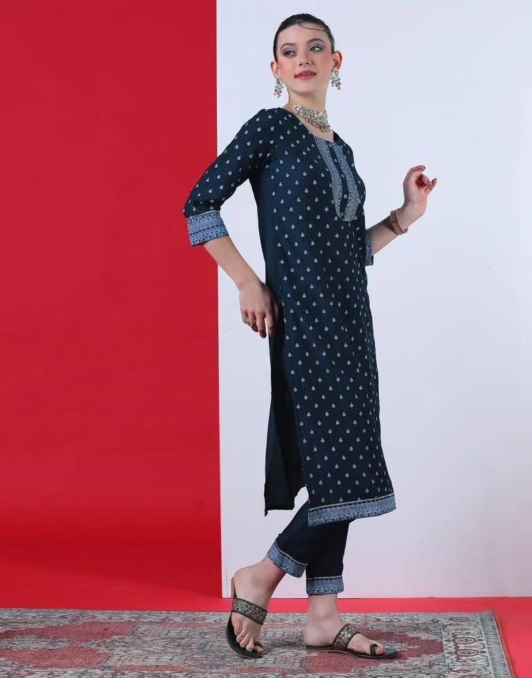 Navy Blue Printed Chinnon Straight Kurta With Pant And Dupatta