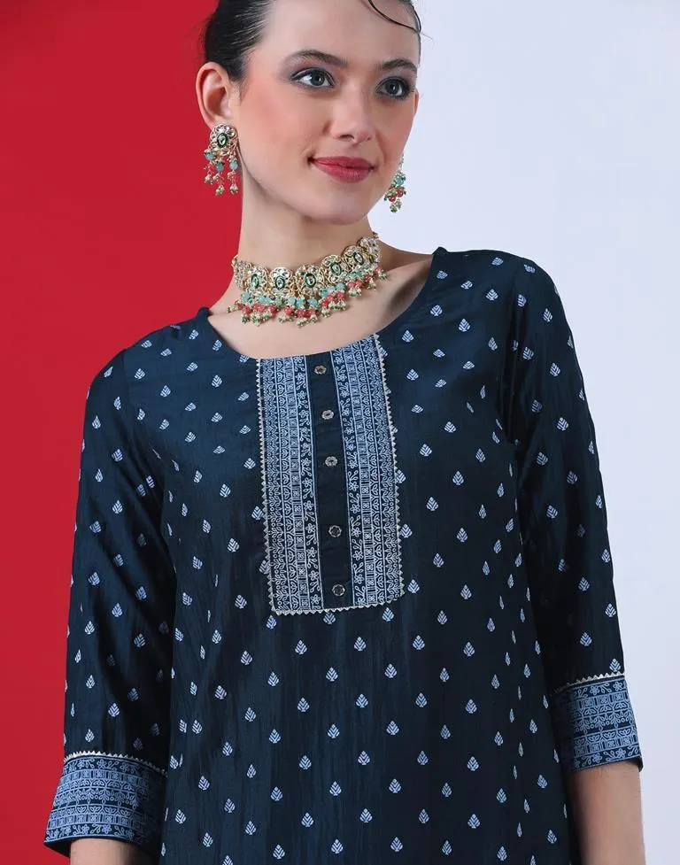 Navy Blue Printed Chinnon Straight Kurta With Pant And Dupatta