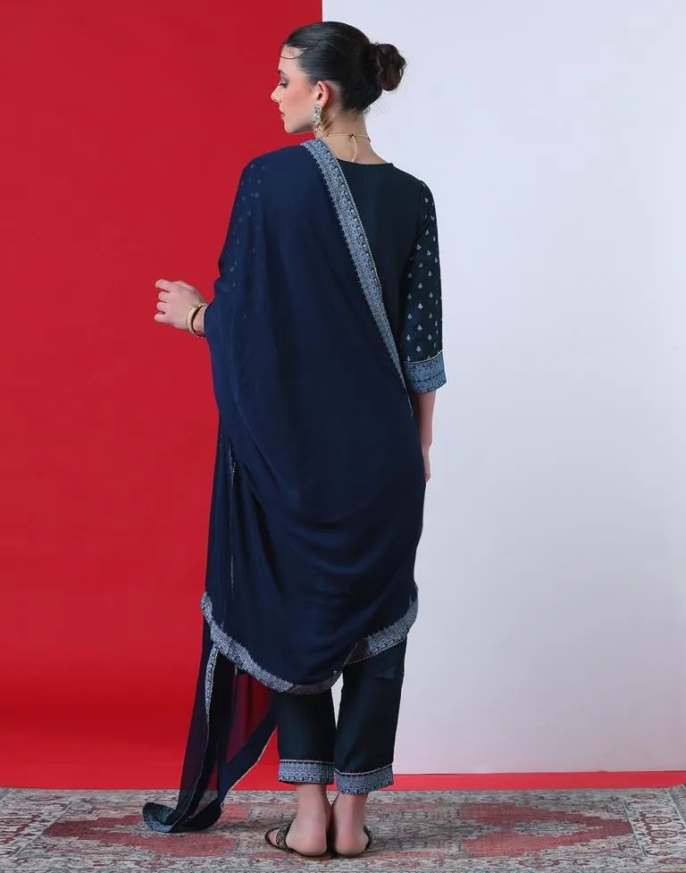 Navy Blue Printed Chinnon Straight Kurta With Pant And Dupatta