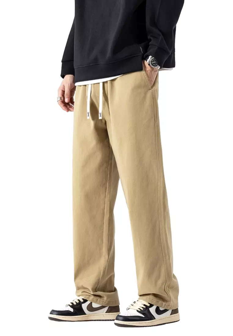 OPCHIC Men's All-match Drawstring Waist Straight Loose Pant