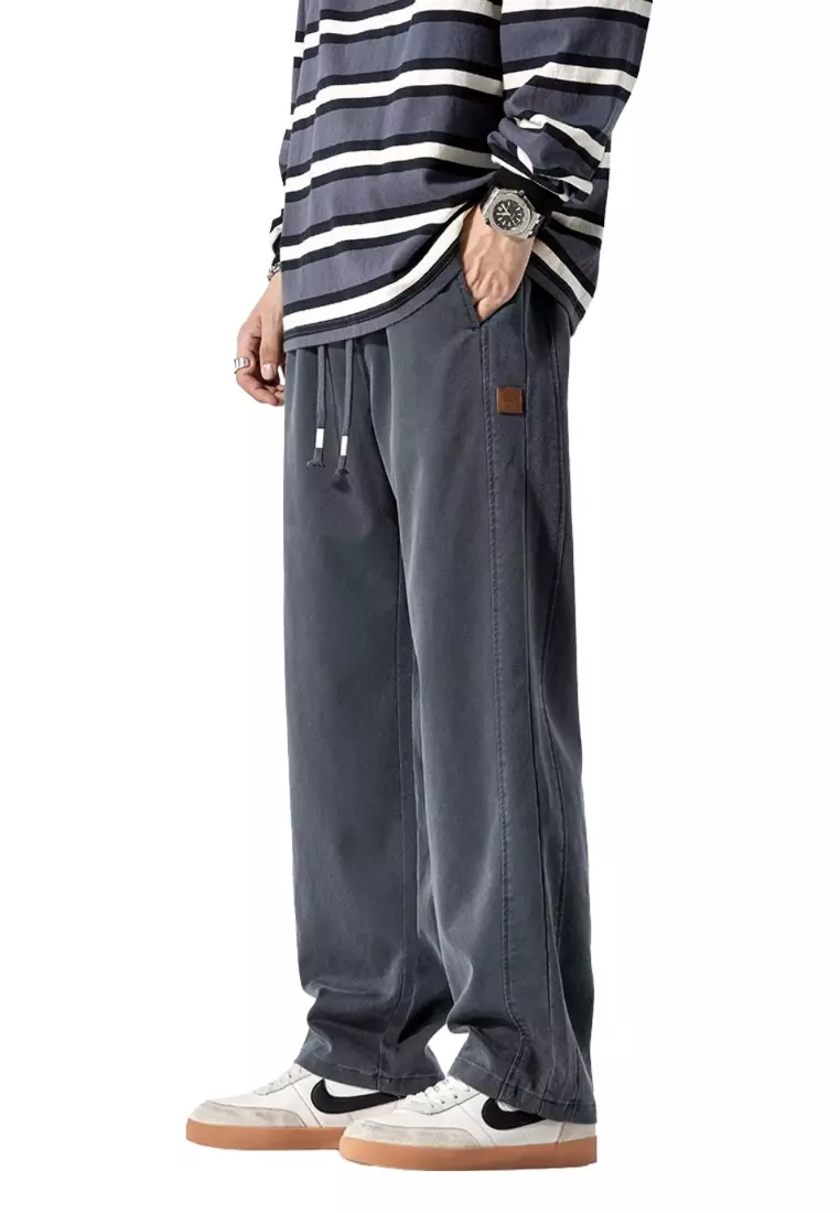 OPCHIC Men's Casual All-match Drawstring Waist Straight Plain Pant