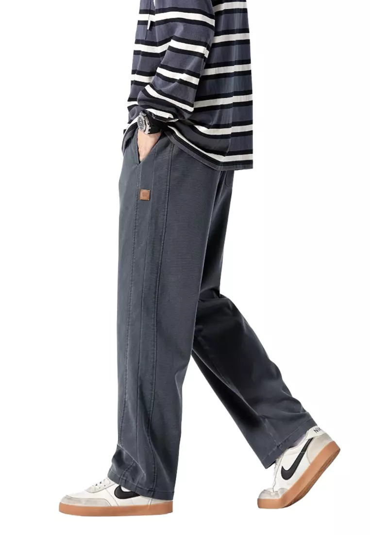 OPCHIC Men's Casual All-match Drawstring Waist Straight Plain Pant