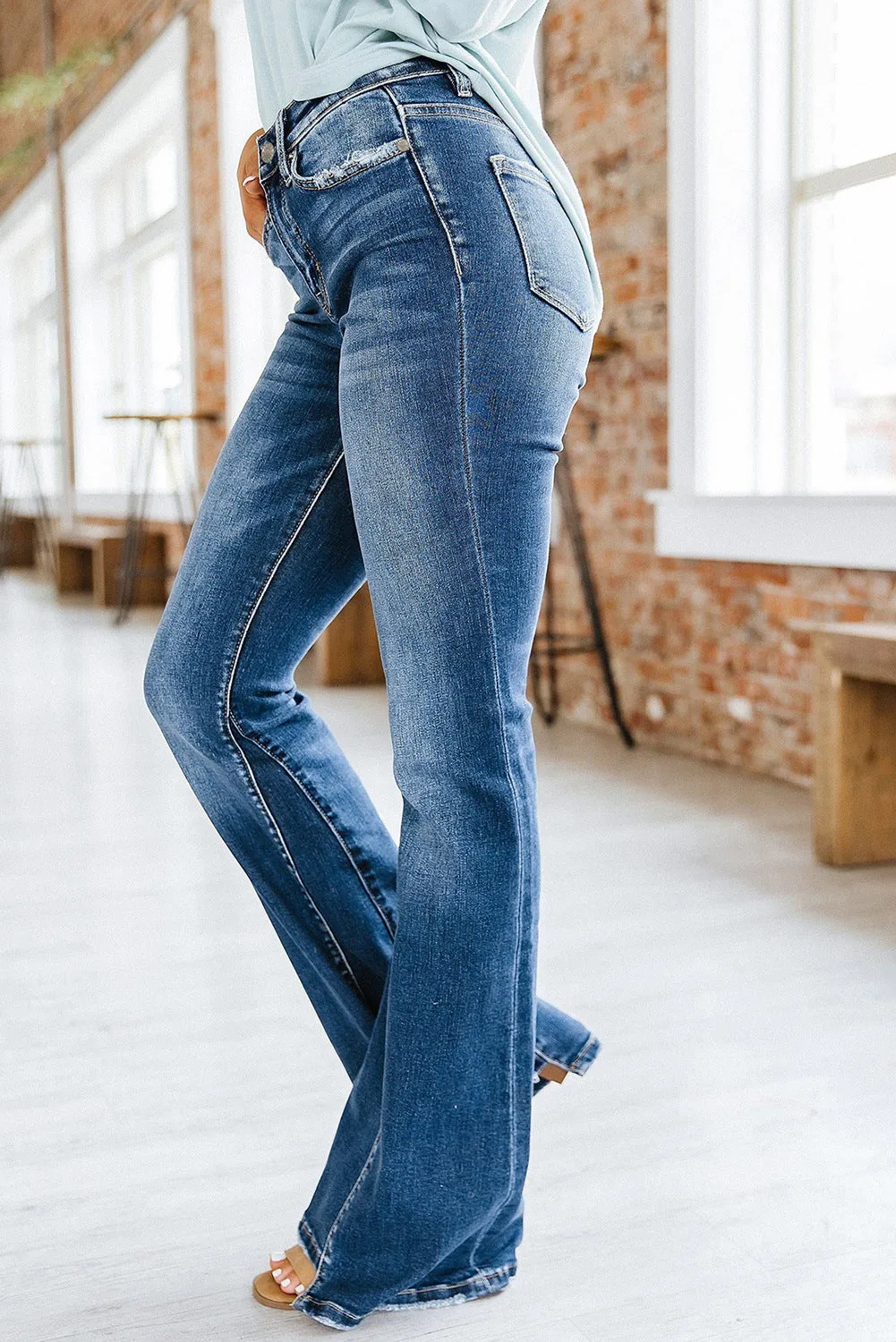 Pantalon Jeans Décontracté Jambe Large Taille Haute avec Poches