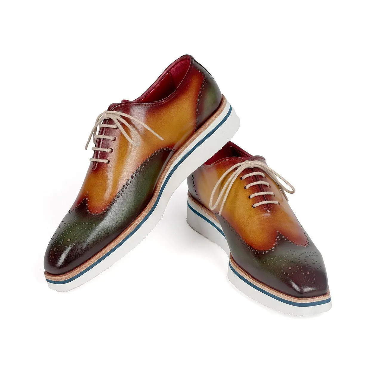 Paul Parkman 188-GRN-CML Men's Shoes Green & Camel Calf-Skin Leather Smart Wingtip Oxfords (PM6306)