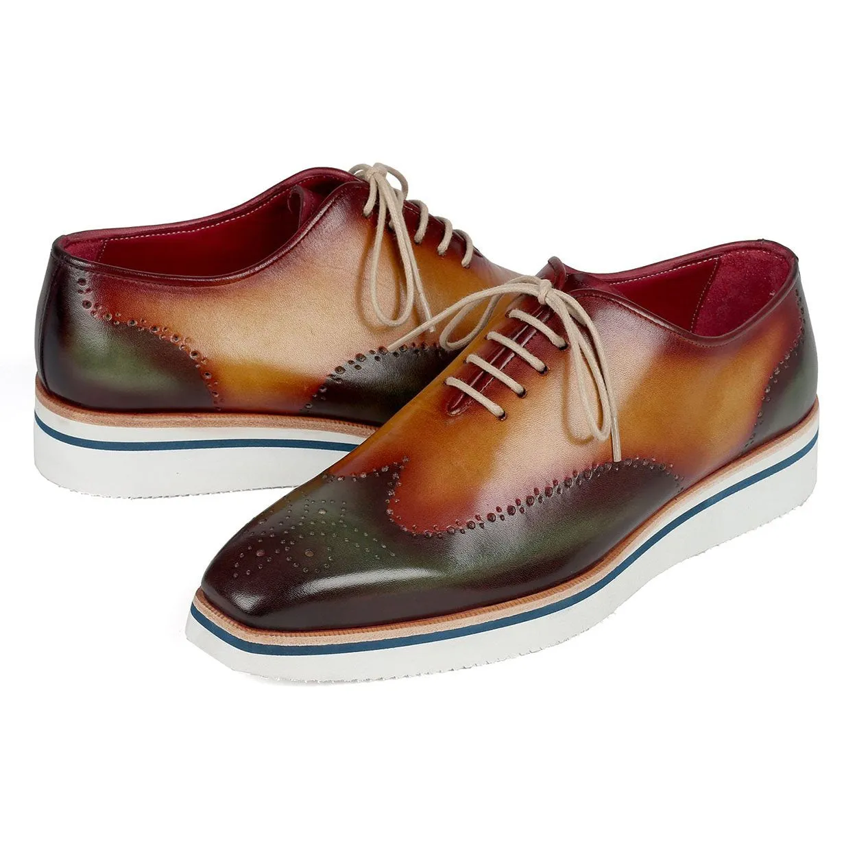 Paul Parkman 188-GRN-CML Men's Shoes Green & Camel Calf-Skin Leather Smart Wingtip Oxfords (PM6306)