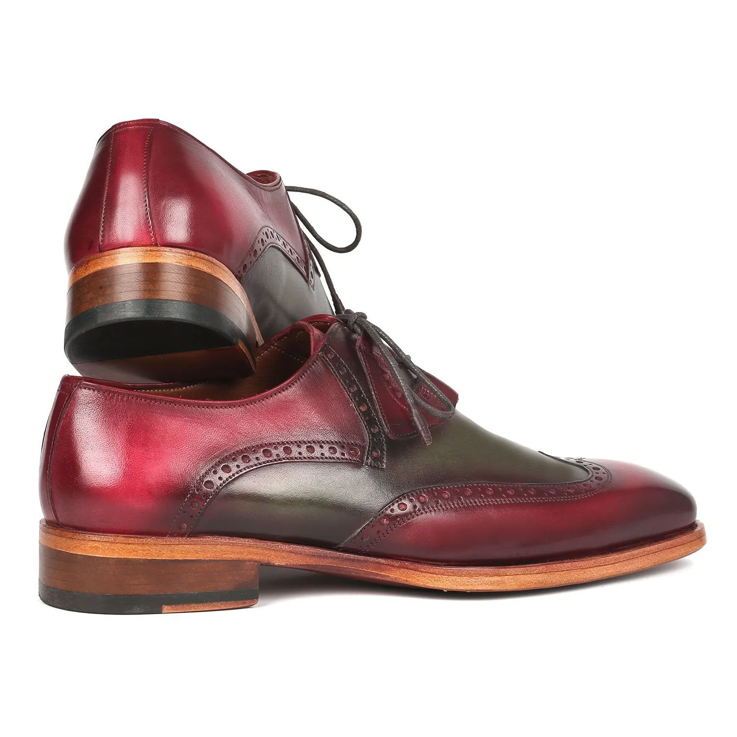 Paul Parkman 2955-GRB Men's Shoes Green & Bordeaux Calf-Skin Leather Ghillie Oxfords (PM6308)