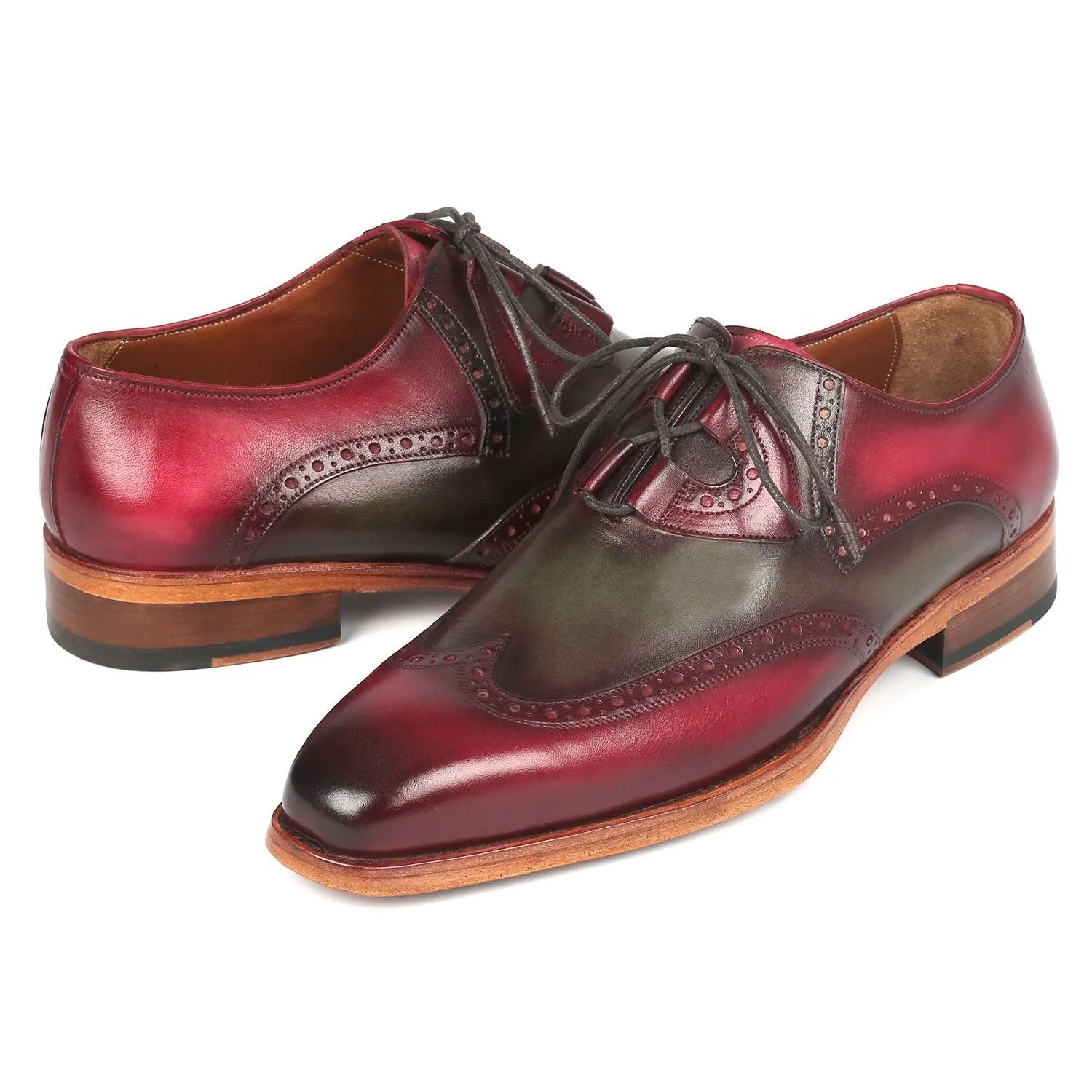 Paul Parkman 2955-GRB Men's Shoes Green & Bordeaux Calf-Skin Leather Ghillie Oxfords (PM6308)