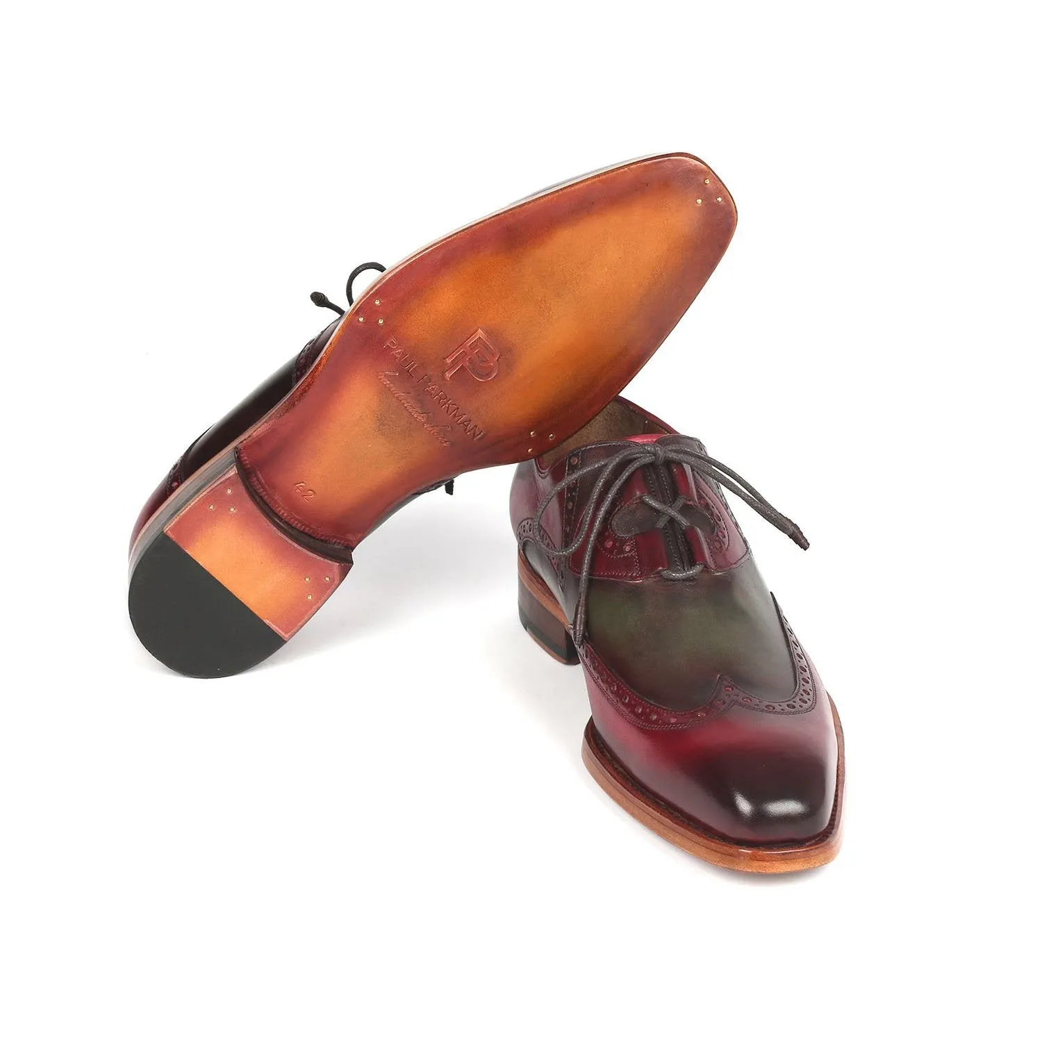 Paul Parkman 2955-GRB Men's Shoes Green & Bordeaux Calf-Skin Leather Ghillie Oxfords (PM6308)