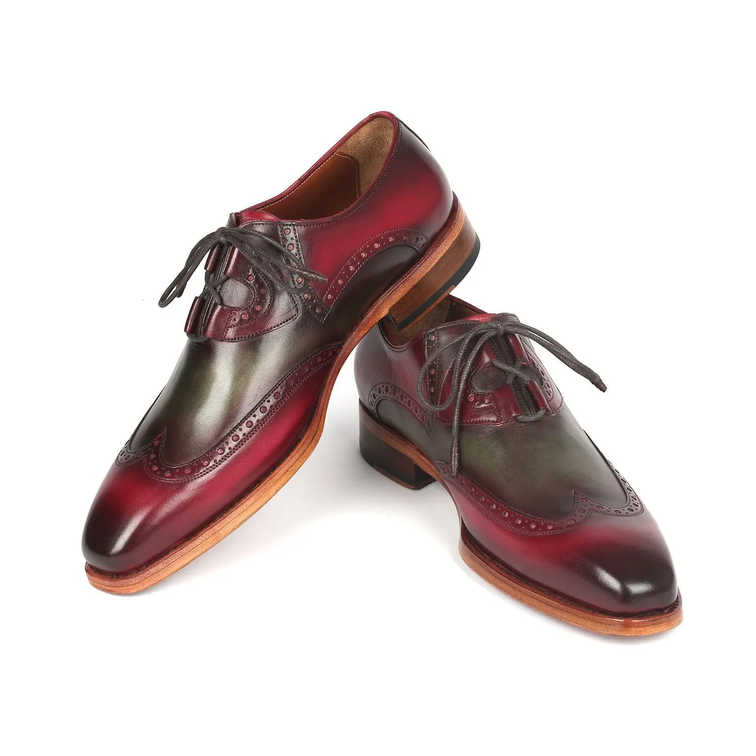 Paul Parkman 2955-GRB Men's Shoes Green & Bordeaux Calf-Skin Leather Ghillie Oxfords (PM6308)