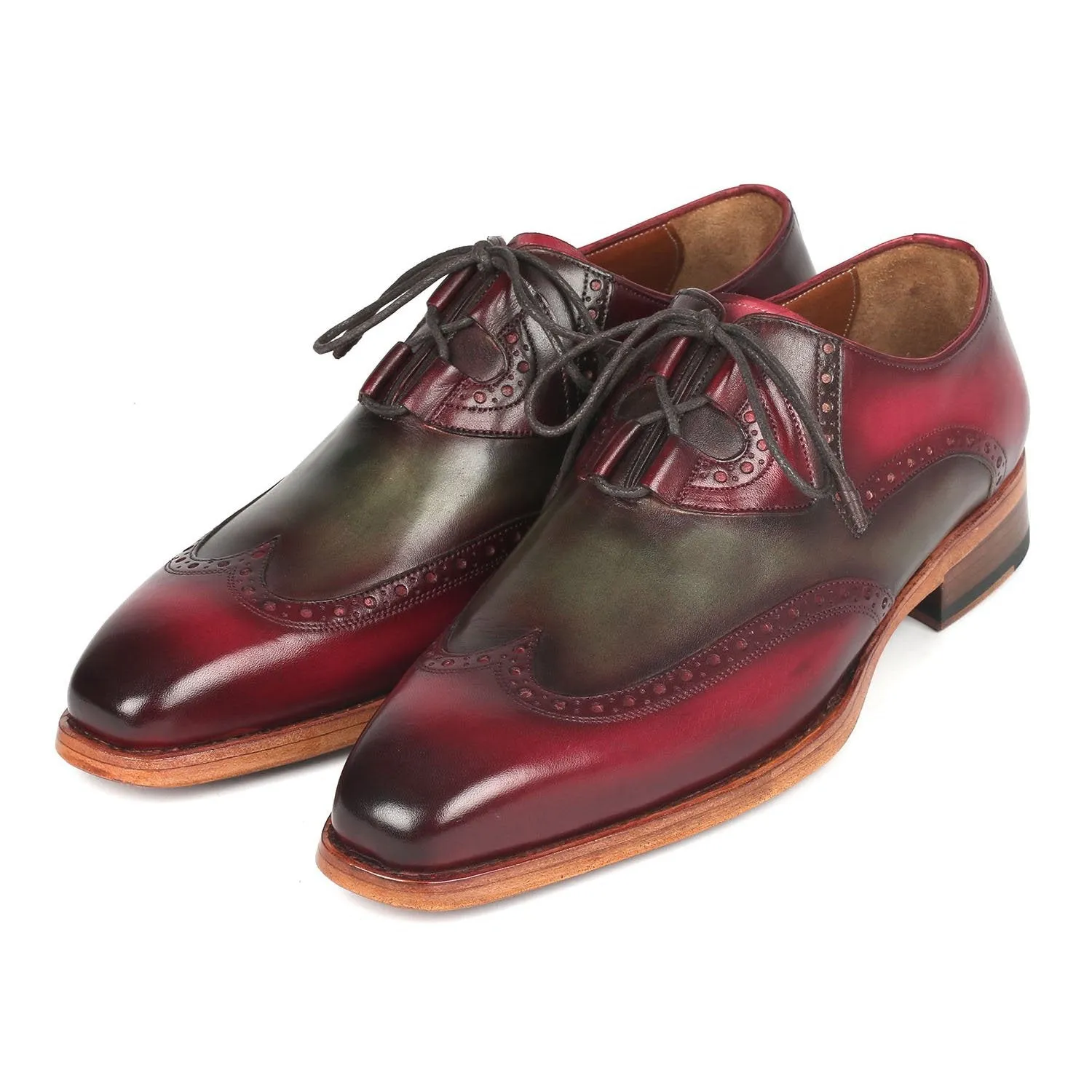 Paul Parkman 2955-GRB Men's Shoes Green & Bordeaux Calf-Skin Leather Ghillie Oxfords (PM6308)