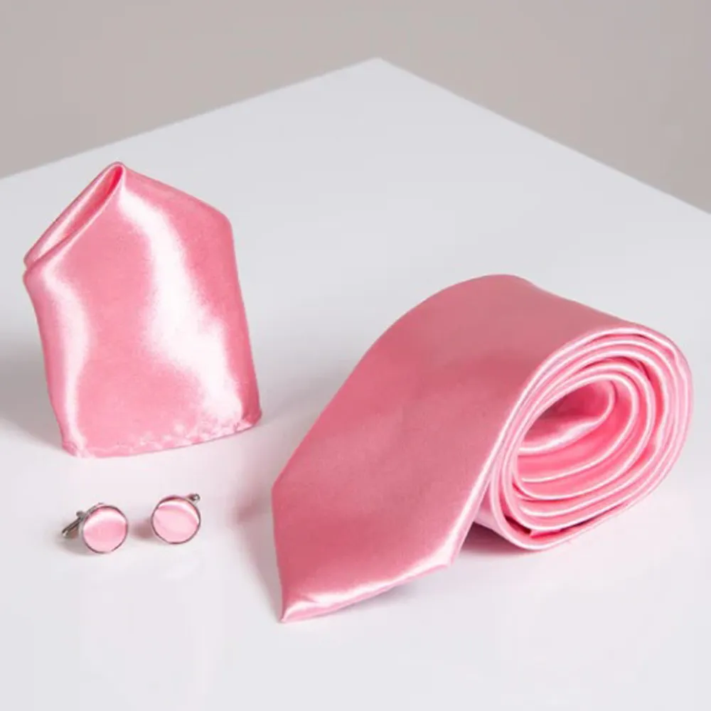 Pink Satin Tie Set With Matching Pocket Square