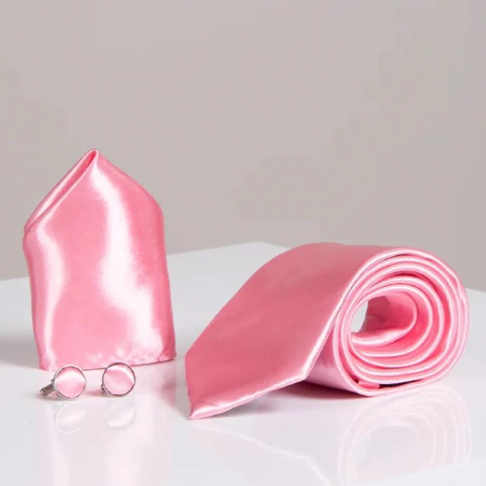 Pink Satin Tie Set With Matching Pocket Square