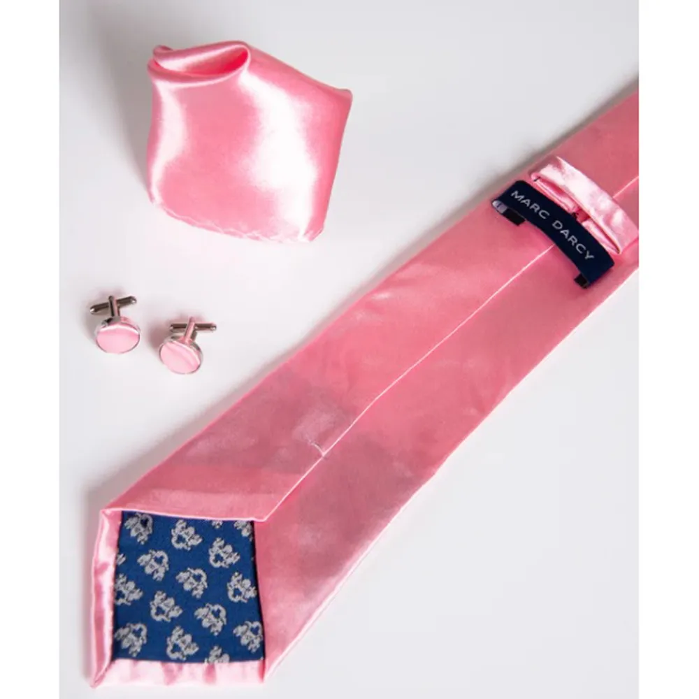 Pink Satin Tie Set With Matching Pocket Square