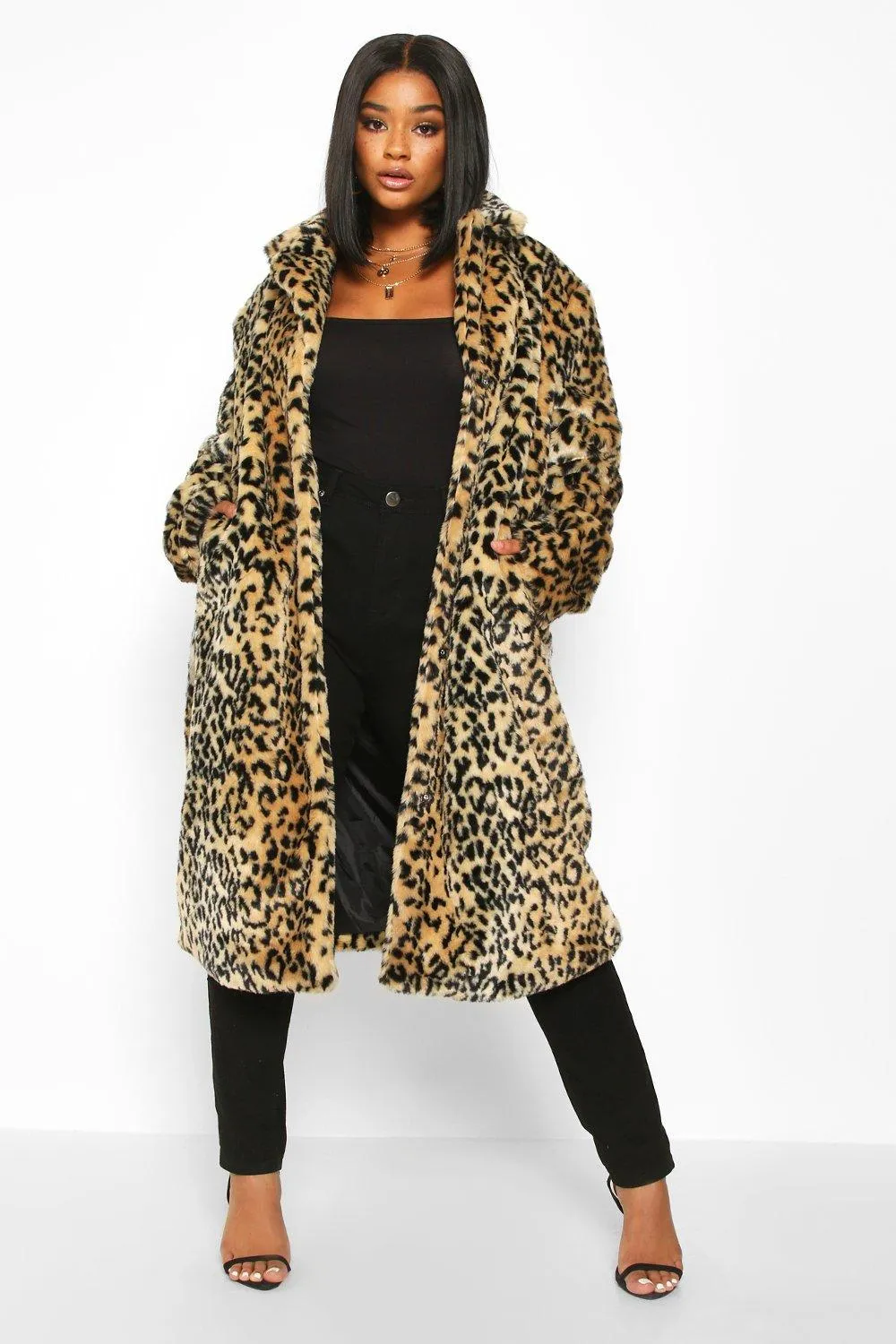 Plus Leopard Print Faux Fur Coat