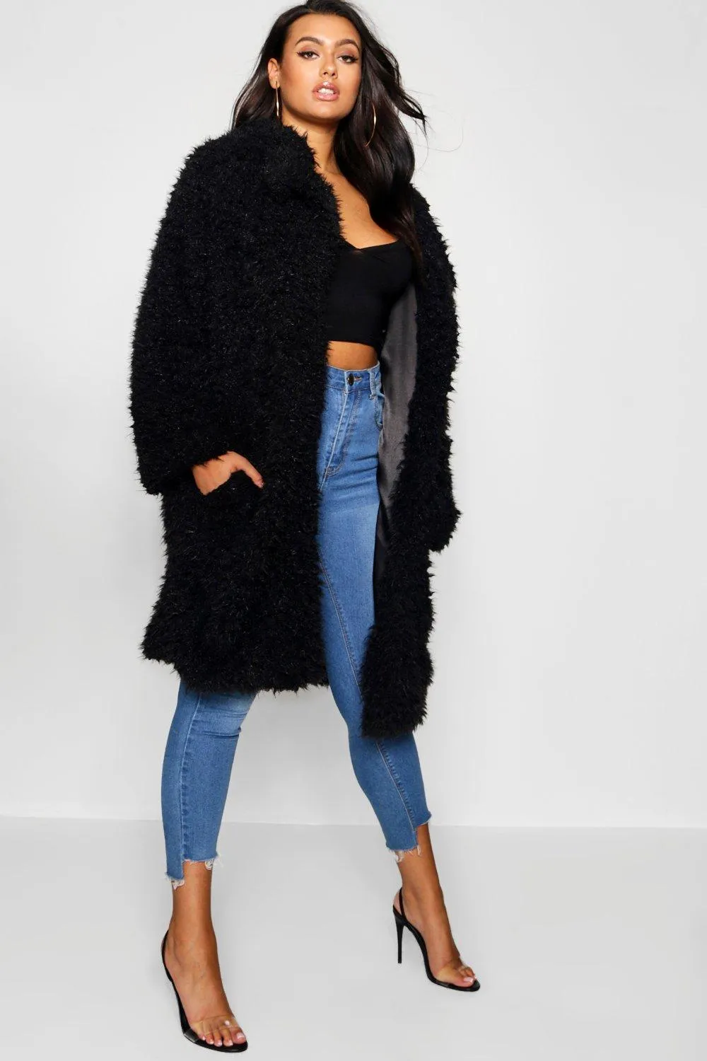 Plus Long Sleeve Faux Fur Coat