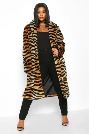 Plus Tiger Print Faux Fur Coat