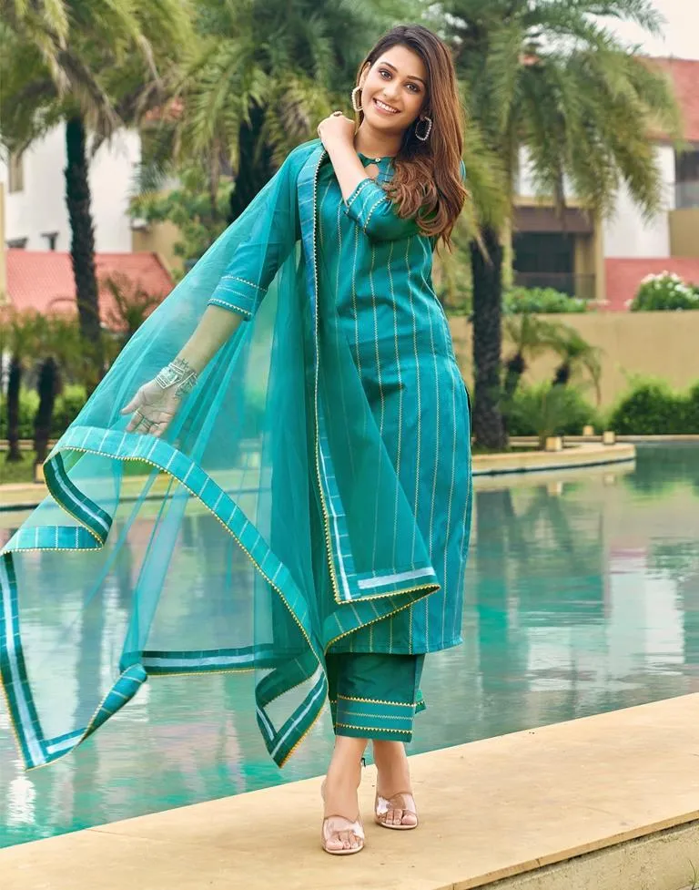 Rama Green Printed Plain Straight kurta With Pant And Dupatta