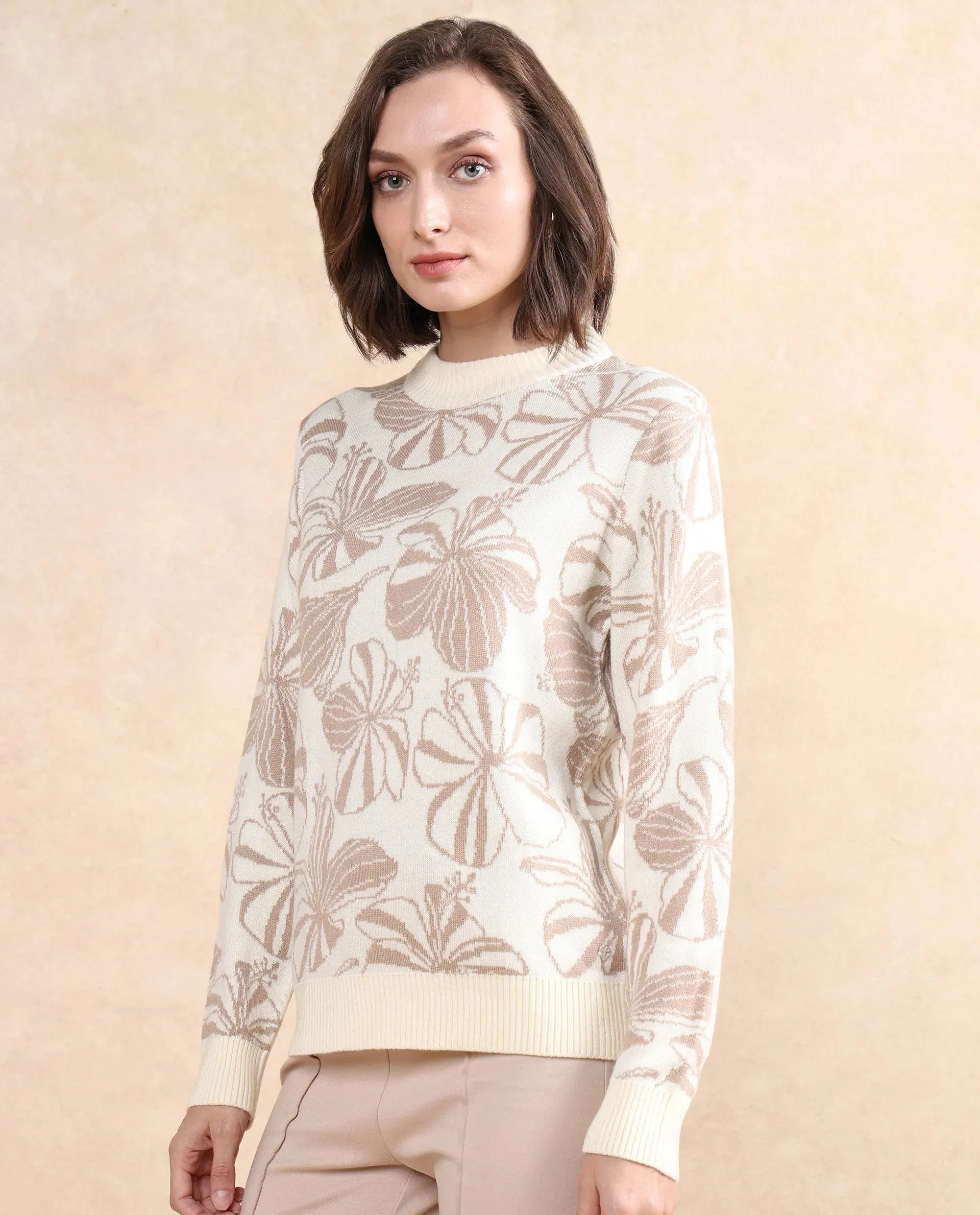 Rareism Women Lakent Beige Relaxed Fit Printed Sweater