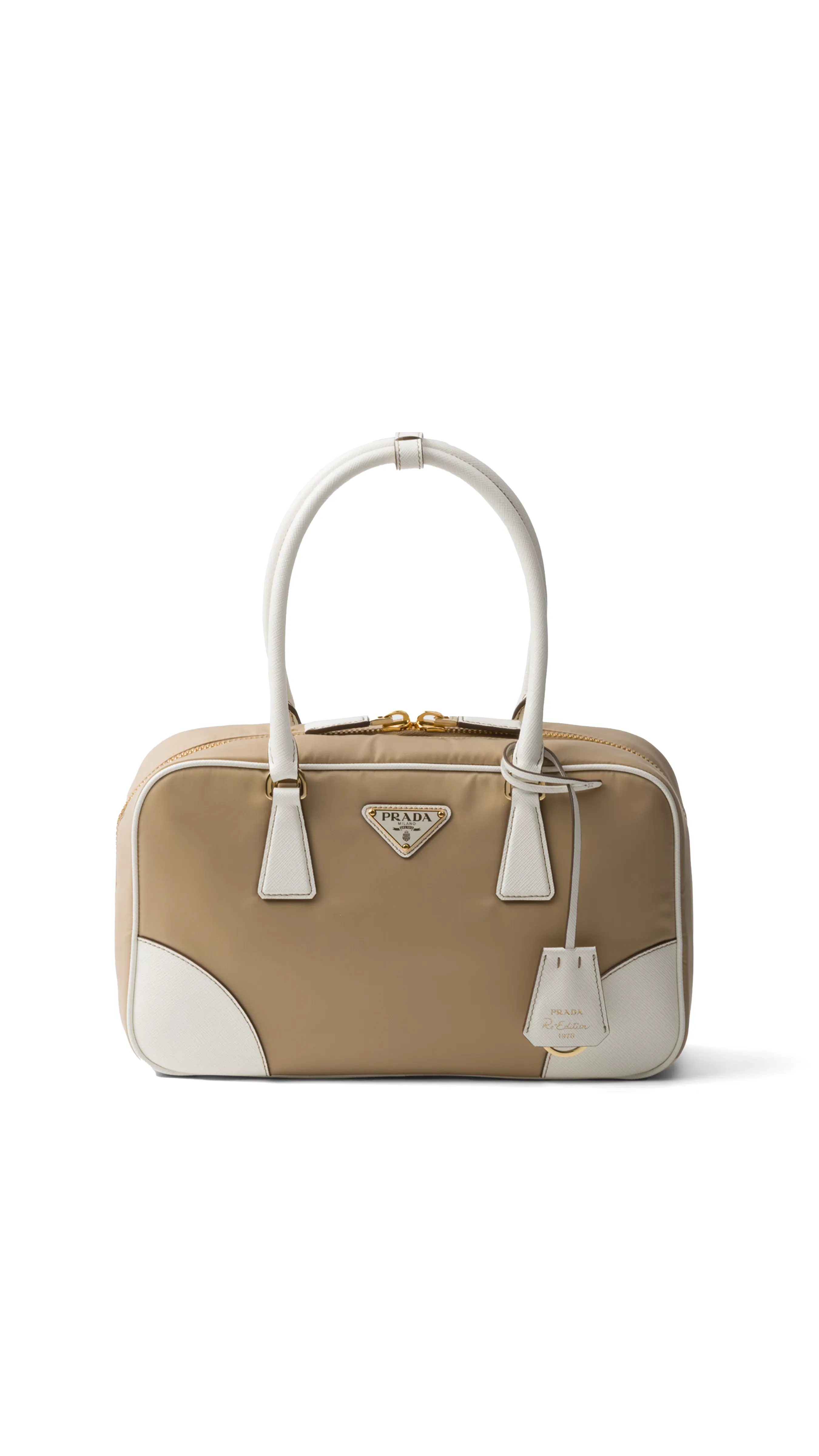 Re-Edition 1978 Medium Re-Nylon and Saffiano Leather Two-Handle Bag - Camel/White