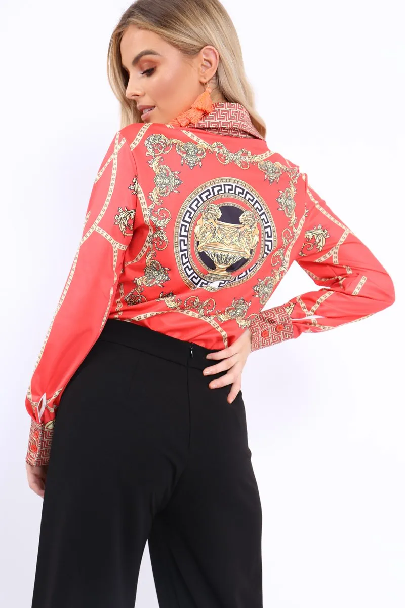 Red and Gold Scarf Print Blouse - Kinsleigh