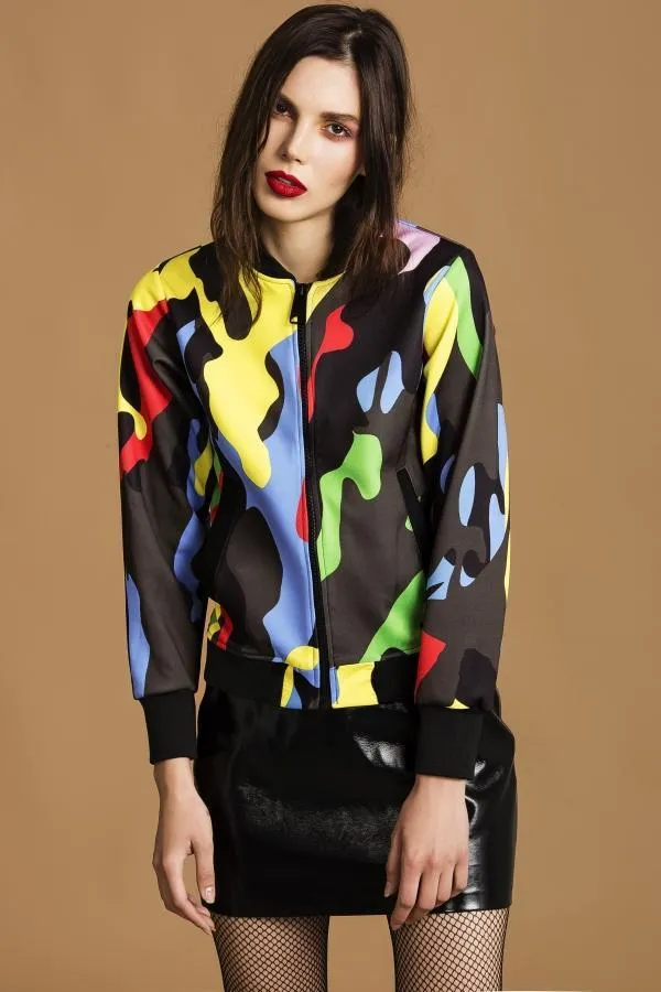 Rick Women's Rainbow Camo Print Bomber Jacket